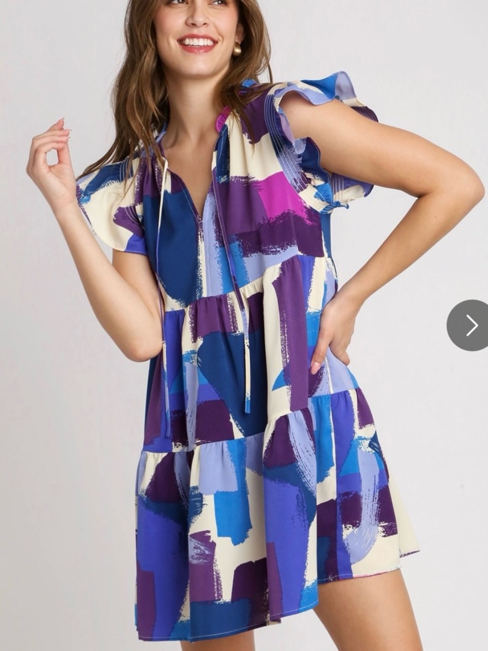 Umgee Abstract Brushstroke Ruffle Mini Dress in Blue, Purple & Cream